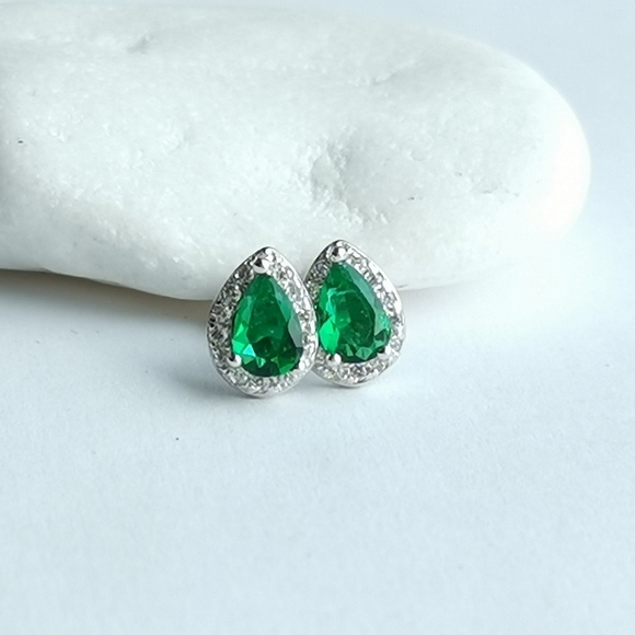 JEM Designs Shop Jewelry - New Emerald  teardrop cz halo stud earrings Sterling Silver